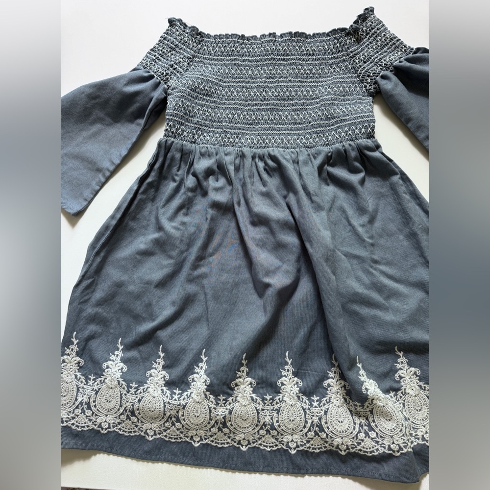 J. Gee Blue  Off Shoulder Dress with White Embroidery Petite Large